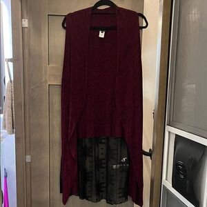 Burgundy Open Front Cardigan with Sheer Black Hem